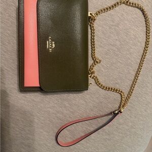 Coach Olive and Pink Wristlet with Gold Chain